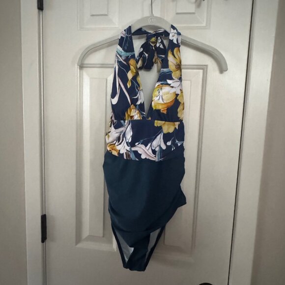 Cupshe Dark Teal Blue Yellow White Floral One Piece Swimsuit Size M Medium New - Picture 2 of 16